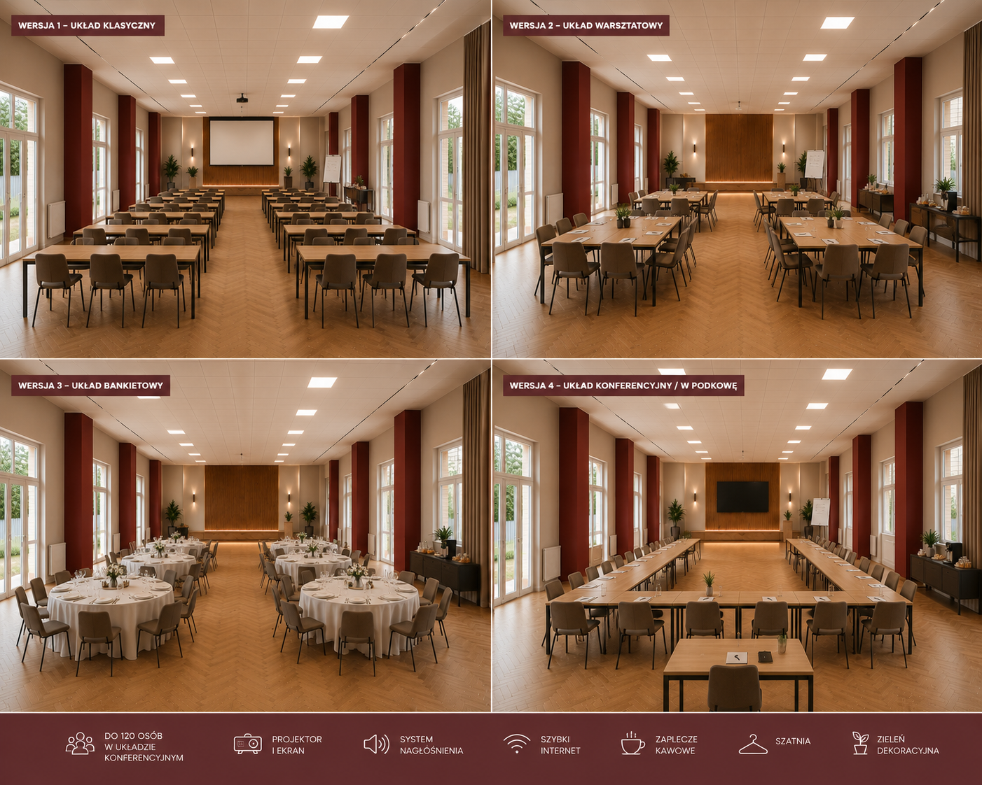 Duża sala w czterech wariantach aranżacji — klasyczny, warsztatowy, bankietowy i konferencyjny